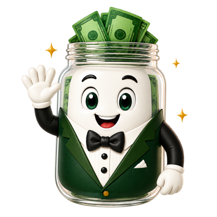 The TipsCoach mascot, a tip jar in a green tuxedo, waving hello