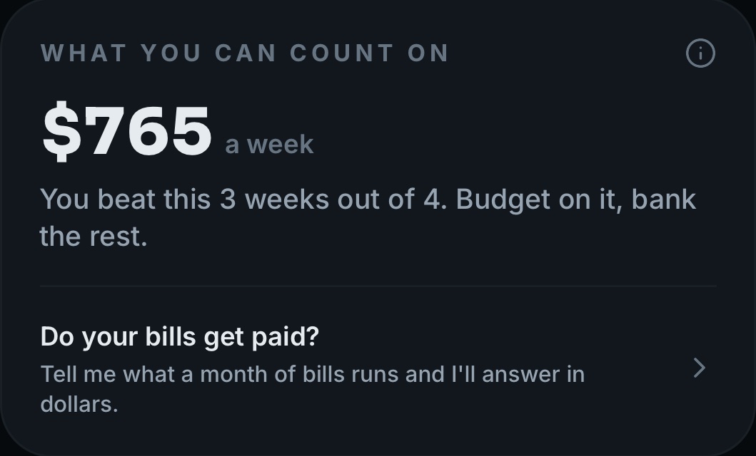 What you can count on: $765 a week, you beat this 3 weeks out of 4, budget on it and bank the rest, with a prompt asking whether your bills get paid