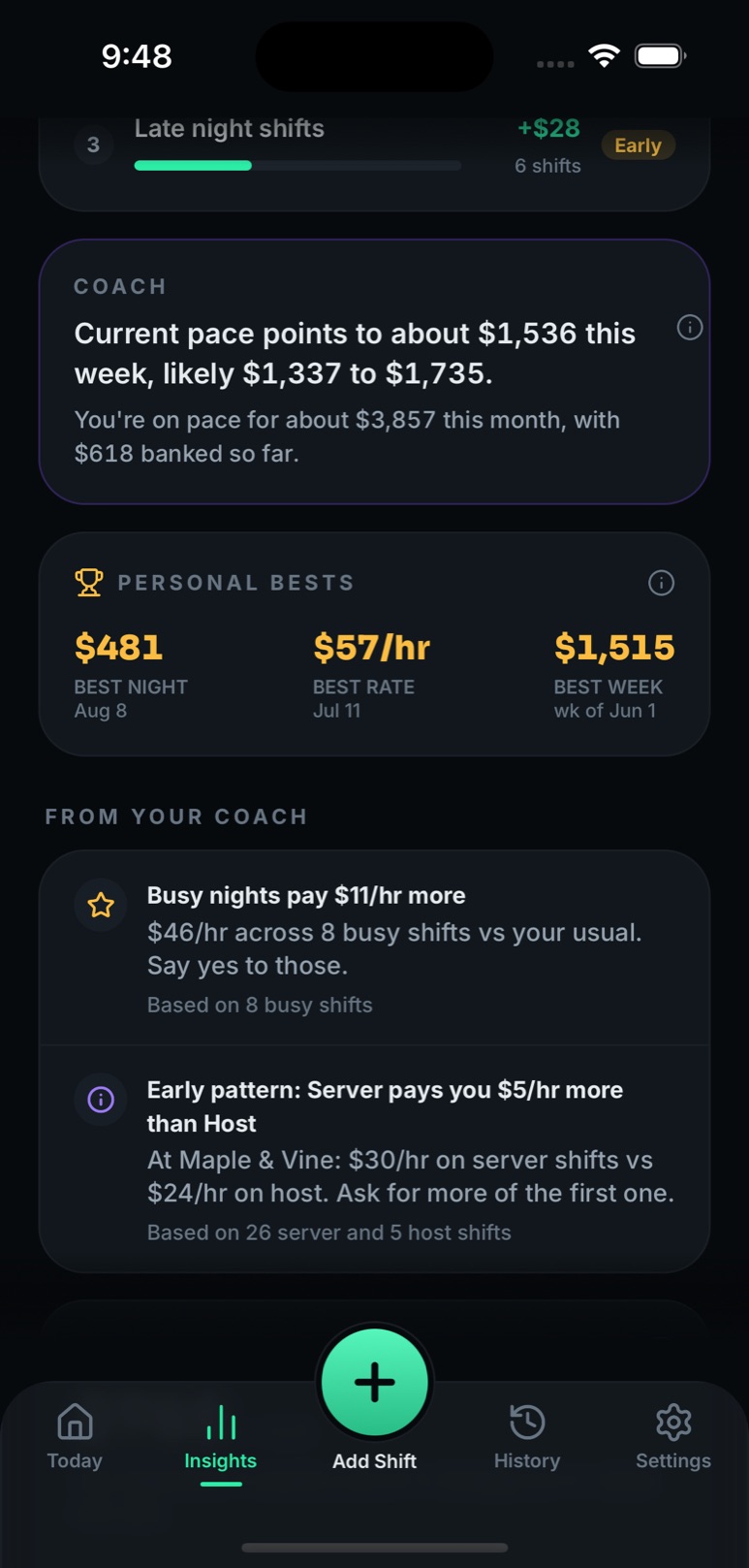 Insights, scrolled: coach line, personal bests of $481, $57 an hour and $1,515, and coach insights that busy nights pay $11 an hour more
