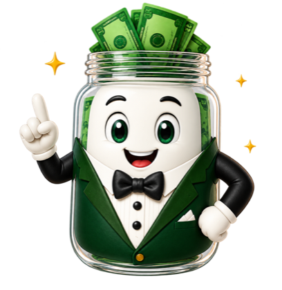The TipsCoach mascot, a tip jar in a green tuxedo, celebrating